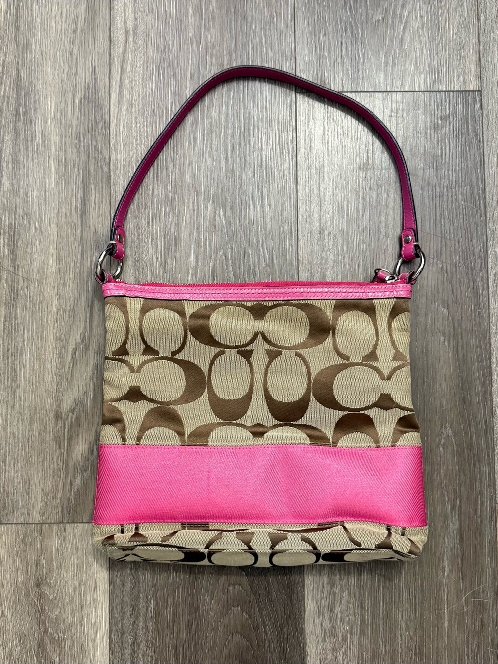 Vintage Coach Tan Signature Canvas Shoulder Bag with Pink Trim